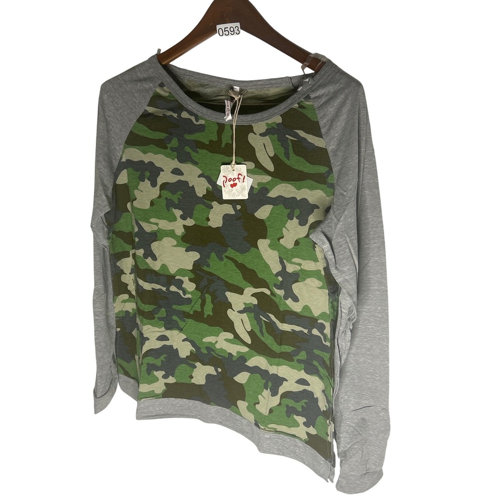 Poof! Womens Camo Raglan Long Sleeve Top Heather Gray Green Side Zip Size M